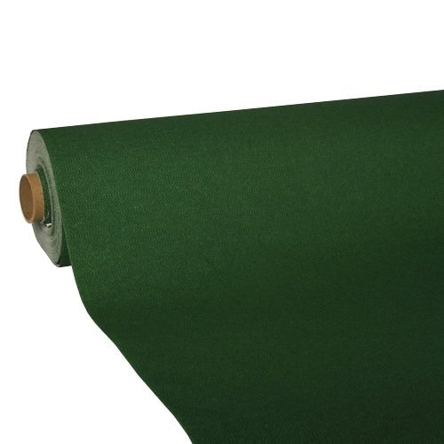 A close-up of a partially unrolled roll of tablecloth from the PAPSTAR GmbH, "ROYAL Collection" tissue, in dark green, showcases its high-quality tissue against a white background.
