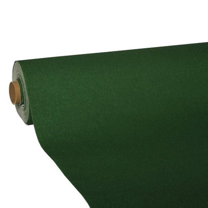 A close-up of a partially unrolled roll of tablecloth from the PAPSTAR GmbH, "ROYAL Collection" tissue, in dark green, showcases its high-quality tissue against a white background.