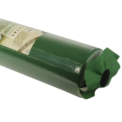 A close-up of a rolled-up piece of artificial turf with a textured green surface, similar to high-quality PAPSTAR Tablecloth, "ROYAL Collection" tissue from the PAPSTAR GmbH, and a partially visible label wrapped around the roll.