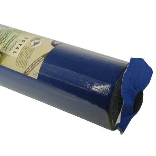 A close-up of a rolled-up PAPSTAR-Tablecloth, "ROYAL Collection" tissue from the PAPSTAR GmbH, wrapped in clear plastic, with the product label and brand name partially visible on the side.