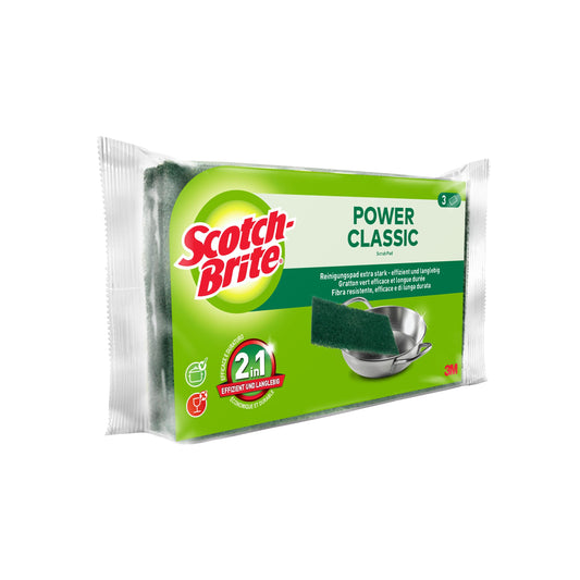 Ein 3er-Pack Scotch-Brite® Classic Scheuerpads von 3M Deutschland GmbH, mit grünen Scheuerlappen und grün-weißer Verpackung - ideal für die Reinigung verschiedener Oberflächen.