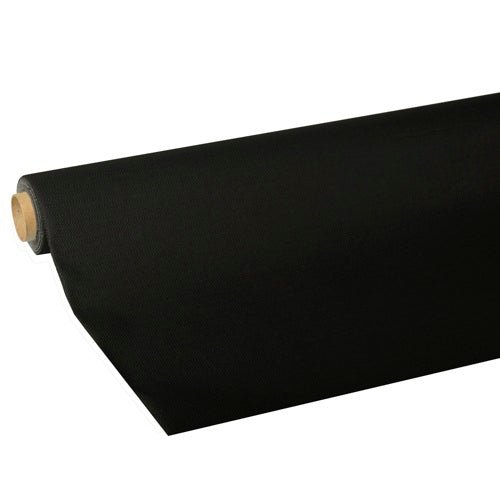 A roll of black PAPSTAR-Tablecloth, "ROYAL Collection" tissue from the PAPSTAR The GmbH is partially unrolled, revealing the high-quality texture and material wrapped around a sturdy core—ideal for creating elegant table decorations.