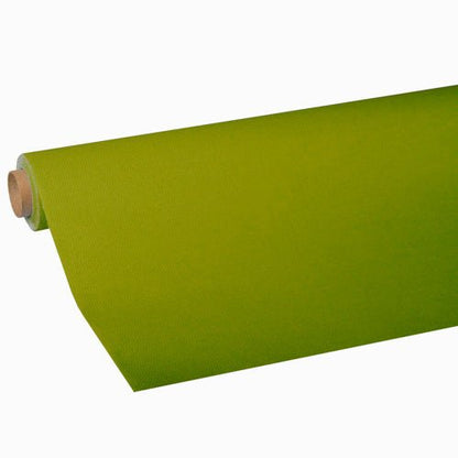 A roll of green tablecloth from the “ROYAL” tissue collection by PAPSTAR The GmbH logo is partially printed on a white background. The high-quality tissue fabric has a smooth appearance and is evenly dyed.