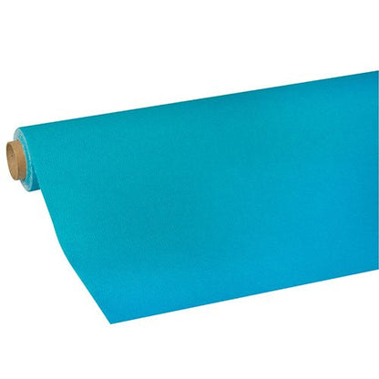A partially unrolled tablecloth from the PAPSTAR GmbH’s “ROYAL Collection” tissue, in vibrant turquoise, showcases its premium quality as it unrolls from the core of the roll against a plain white background.