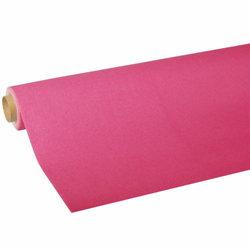 Eine Rolle Tischdecke Tissue „ROYAL Collection“ der PAPSTAR GmbH in leuchtendem Pink ist teilweise abgerollt und zeigt so ihre hochwertige Tissue-Qualität und Farbe, wobei an einem Ende der Kartonkern sichtbar ist.