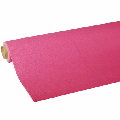 One roll of "ROYAL Collection" tissue tablecloth from the PAPSTAR The bright pink GmbH roll is partially unrolled, revealing its high-quality tissue and color, with the cardboard core visible at one end.