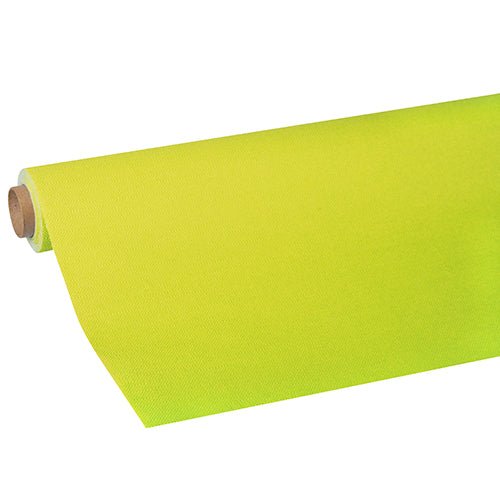 A roll of bright yellow-green PAPSTAR Tablecloth, "ROYAL Collection" tissue from the PAPSTAR GmbH, partially unrolled and wrapped around a cardboard tube.
