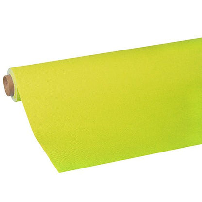 A roll of bright yellow-green PAPSTAR Tablecloth, "ROYAL Collection" tissue from the PAPSTAR GmbH, partially unrolled and wrapped around a cardboard tube.