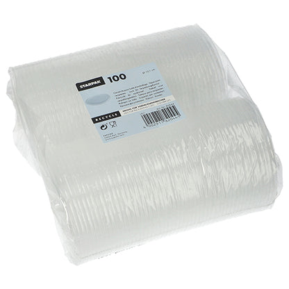 Eine transparente, mit Folie umwickelte Packung mit 100 Starpak-Deckeln für Verpackungsbecher (rund, Ø10,1 cm, 0,8 cm) aus PP. Auf dem Etikett werden Produktdetails, Barcode und Recyclingsymbole angezeigt.