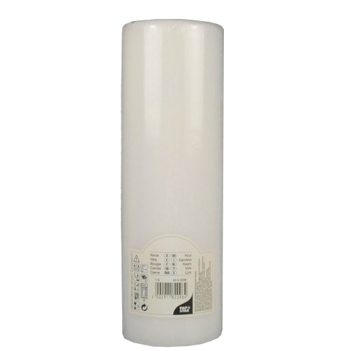A white PAPSTAR pillar candle Ø 80 mm with flat top (250 mm long, shrink foil, 1 piece) from PAPSTAR GmbH stands unused with a smooth surface and label at the base.
