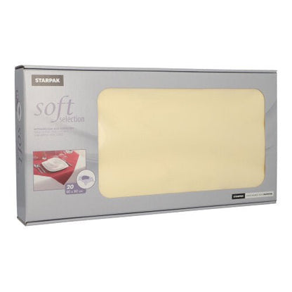 The Starpak “Soft Selection” box contains 20 cream-colored, 80x80 cm fabric-like nonwoven tablecloths for the food service industry, featuring a clear window and printed front details.