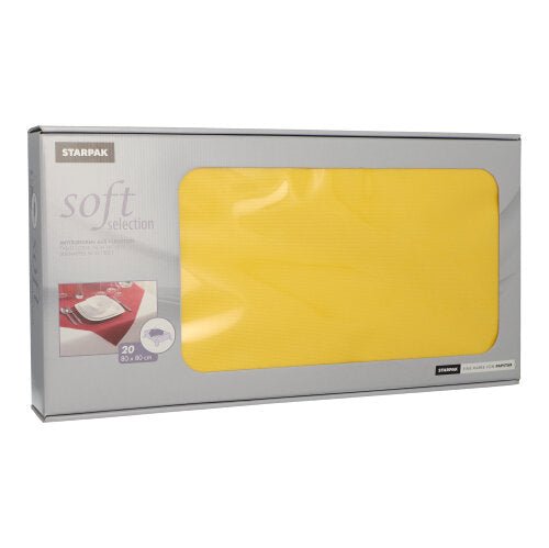 A rectangular silver Starpak box labeled “Soft Selection” contains 20 yellow, fabric-like nonwoven table runners (80 x 80 cm). The box features a small image of the table runners on a red table, making them ideal for use in the food service industry.