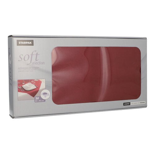 The image shows a rectangular box containing 20 Starpak "Soft Selection" centerpieces (80x80 cm), made of fabric-like nonwoven material. The gray packaging features a see-through window displaying the napkins and a dining table motif, making it ideal for the food service industry.