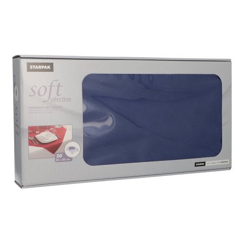 A rectangular box containing 20 fabric-like centerpieces made of Starpak’s “Soft Selection” nonwoven fabric (80 x 80 cm) features a display window with blue napkins. The predominantly gray packaging displays product information and a picture of a restaurant table setting.
