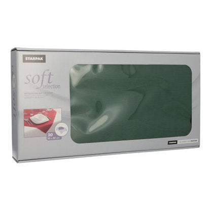 A rectangular box labeled “Starpak 20 Medium-Sized Napkins, Fabric-Like, ‘Soft Selection’ Nonwoven, 80 x 80 cm” contains 20 soft, fabric-like napkins. The packaging features a transparent window that showcases the napkins inside.