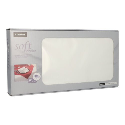 The Starpak 20 “soft selection” table centerpieces, made of fabric-like nonwoven material (80x80 cm), come in a predominantly gray box with a large transparent window through which the white napkins are visible; ideal for the food service industry, with product information on the front.