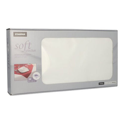 The Starpak 20 “soft selection” table centerpieces, made of fabric-like nonwoven material (80x80 cm), come in a predominantly gray box with a large transparent window through which the white napkins are visible; ideal for the food service industry, with product information on the front.