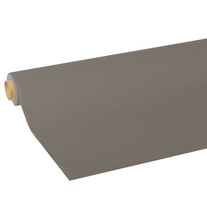 A large round tablecloth from the “ROYAL Collection” by PAPSTAR The "GmbH" label in gray is partially unrolled on the side, revealing the texture, thickness, and the cardboard tube visible at one end.