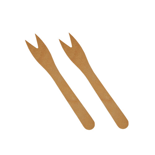 Two flat PAPSTAR snack forks made of wood "pure", 12.1 cm, each with two prongs, side by side on a white background - ideal for eco-friendly catering. Package contains 500 pieces from PAPSTAR GmbH.