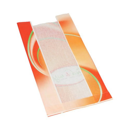 Ein weißer Starpak Sichtstreifenbeutel „Fresh & Tasty“ (33 x 16 x 8,7 cm) mit orange-gelbem Design zeigt seinen Inhalt durch ein zentrales transparentes Fenster. Packung enthält 1000 Beutel in Schrumpffolie.
