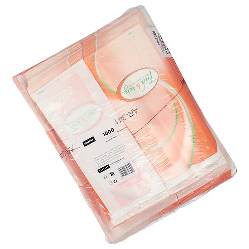 Eine luftdichte Schrumpffolie-Verpackung von Starpak enthält 1.000 weiße Sichtstreifenbeutel (33x16x8,7 cm) mit dem Aufdruck „Fresh & Tasty“. Produktinfo und Barcode sind außen sichtbar.