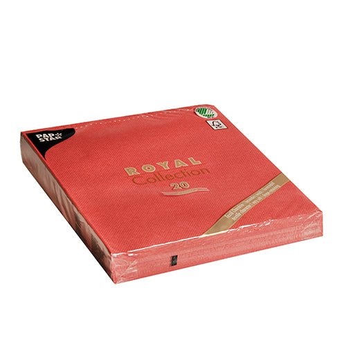 A sealed pack of PAPSTAR GmbH 20 napkins "ROYAL Collection" 1/4-fold (40x40 cm), with golden lettering and black corner flap, ideal for stylish table decoration, pictured on a white background.