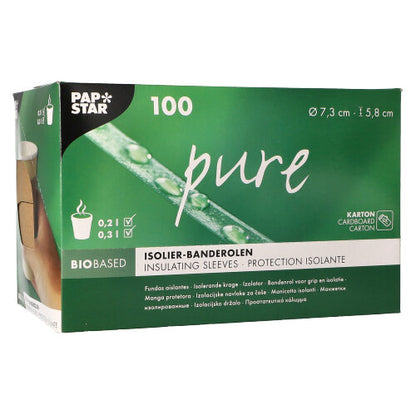 A green-white dispenser box from PAPSTAR GmbH contains 100 "pure" brown sleeves for hot beverage cups (Ø 7.3 cm), with product information and symbols on the packaging.