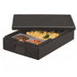 A PAPSTAR insulated transport container EPP 60x40cm black "Gastro-Norm 1/1" from PAPSTAR GmbH stands with a tilted lid and shows a pre-packaged meal inside with three compartments: soup, vegetables, and noodles with parsley.