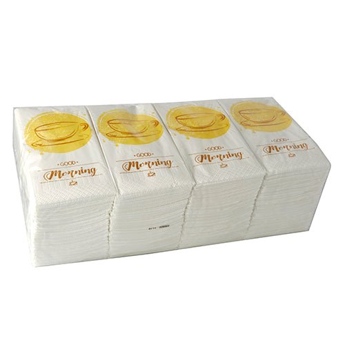 Ein Stapel PAPSTAR 250 Servietten, 3lagig 1/8-Falz der PAPSTAR GmbH, jeweils 33 x 33 cm groß, mit goldener Teetasse und "Good Morning"-Motiv, ist in einer durchsichtigen Kunststoffverpackung verpackt.