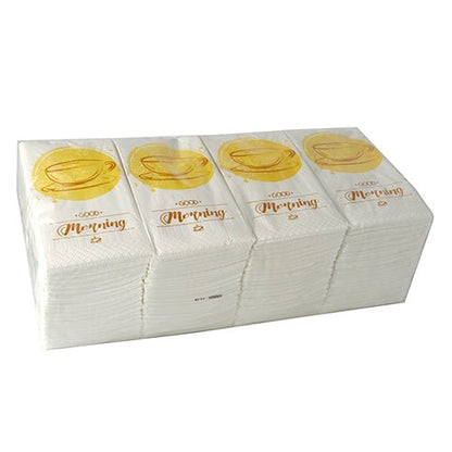 Ein Stapel PAPSTAR 250 Servietten, 3lagig 1/8-Falz der PAPSTAR GmbH, jeweils 33 x 33 cm groß, mit goldener Teetasse und "Good Morning"-Motiv, ist in einer durchsichtigen Kunststoffverpackung verpackt.