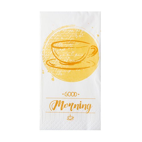 Die PAPSTAR 250 Servietten, 3lagig 1/8-Falz von PAPSTAR GmbH sind weiße Servietten (33 x 33 cm) mit gelbem Teetassenmotiv, "GOOD Morning"-Schriftzug und Tassensymbol - perfekt als Gastronomie-Servietten.