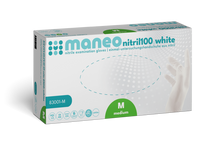 Eine Schachtel MANEO Nitril-Handschuhe, hygienisch und strapazierfähig der ARNOWA GmbH, mittlere Größe, zeigt auf der Vorderseite der Verpackung Produktdetails, Icons und die Abbildung einer behandschuhten Hand.