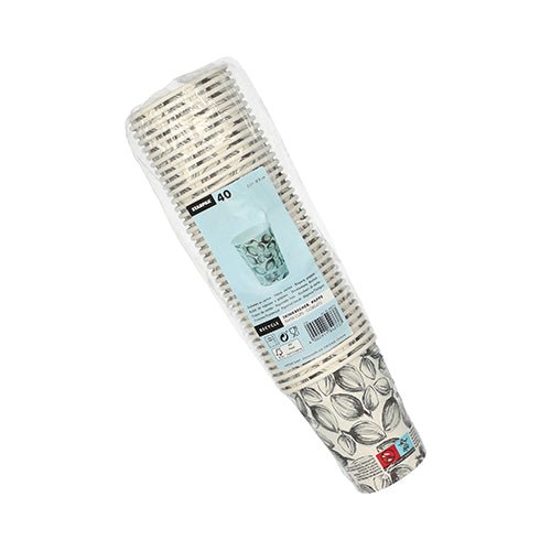 Eine Packung mit 40 Starpak Einwegbechern im „Leaves“-Design (0,2 l, Ø 8 cm, 9,1 cm, weiß) aus Papier, verpackt in Folie. Das Etikett enthält Produktinformationen, einen Barcode und das Bild eines Bechers mit einem Getränk.