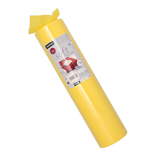 Eine aufrechte Rolle Starpak Tischläufer, stoffähnlich Vlies „soft selection“ (24 m x 40 cm), oben teilweise ausgepackt, zeigt ein Produktetikett mit Details und einem Bild eines roten Bodenbelags.