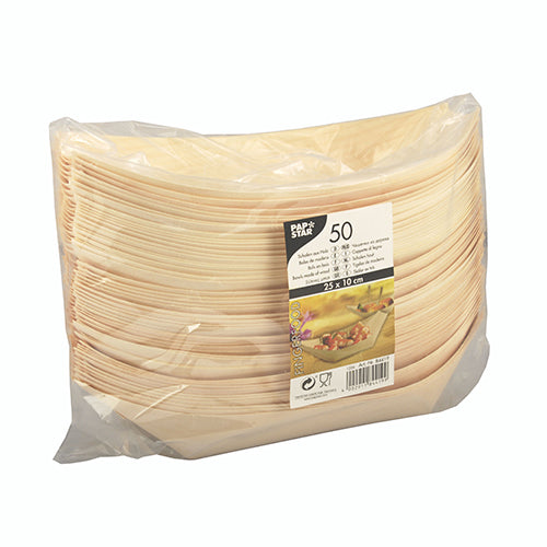 Eine transparente Kunststoffverpackung der PAPSTAR GmbH enthält 50 Fingerfood-Schalen (Schiffchen) aus Holz, jeweils rechteckig und zum Einmalgebrauch. Das Etikett auf der Vorderseite zeigt Produktdetails und ein Bild von Fingerfood auf einem Teller.