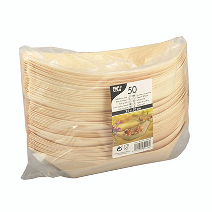 Eine transparente Kunststoffverpackung der PAPSTAR GmbH enthält 50 Fingerfood-Schalen (Schiffchen) aus Holz, jeweils rechteckig und zum Einmalgebrauch. Das Etikett auf der Vorderseite zeigt Produktdetails und ein Bild von Fingerfood auf einem Teller.