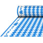 The PAPSTAR Airlaid tablecloth, Bavarian Blue (25 m x 1.18 m), features a blue and white diamond pattern with blue heart and floral borders; delivered as a roll in shrink wrap by PAPSTAR GmbH.