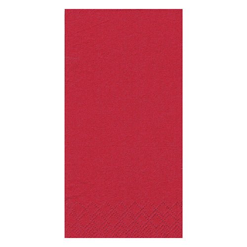 Eine einzelne rote 3-lagige Papierserviette der PAPSTAR GmbH (PAPSTAR 250 Servietten, 1/8-Falz) mit einem dezenten Prägemuster am unteren Rand auf weißem Hintergrund.