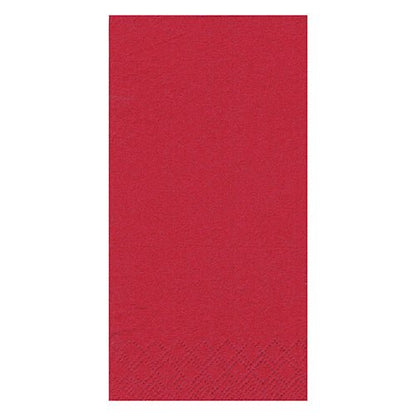 Eine einzelne rote 3-lagige Papierserviette der PAPSTAR GmbH (PAPSTAR 250 Servietten, 1/8-Falz) mit einem dezenten Prägemuster am unteren Rand auf weißem Hintergrund.