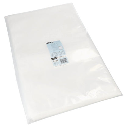 A folded stack of PAPSTAR 100 edge-sealed bags PA/PE transparent from PAPSTAR GmbH, with a rectangular label with text and barcode, packed in clear film on a white background – ideal for food storage.
