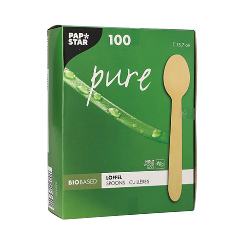 A green box from PAPSTAR GmbH with the inscription "pure" contains 100 eco-friendly, sturdy wooden spoons (15.7 cm). The folding box features a spoon and highlights the sustainable alternative made of wood.