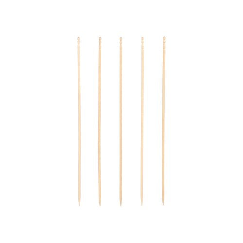 Five PAPSTAR finger food picks "pure", 15 cm, elegantly turned, are arranged vertically against a white background. The wooden skewers from PAPSTAR GmbH have a pointed end and a rounded head - perfect for catering.