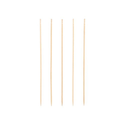 Five PAPSTAR finger food picks "pure", 15 cm, elegantly turned, are arranged vertically against a white background. The wooden skewers from PAPSTAR GmbH have a pointed end and a rounded head - perfect for catering.