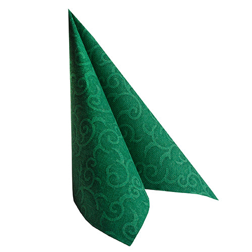 Die grüne Serviette "ROYAL Collection" der PAPSTAR GmbH (40 x 40 cm, 1/4-Falz) mit geprägtem Wirbel ist hochkant zu einem Dreieck auf weißem Grund gefaltet - ideal für festliche Anlässe.