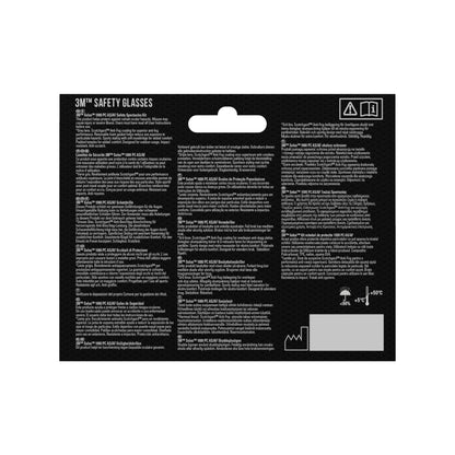 Rückseite einer 3M™ Solus™ Schutzbrille 1000 Verpackung von 3M Deutschland GmbH mit Scotchgard™ Antibeschlag-Beschichtung info, Augenschutz-Anweisungen in mehreren Sprachen, Symbolen und Barcode auf schwarzem Hintergrund.