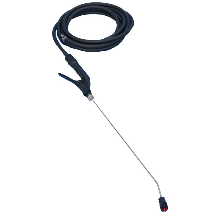 The Diversey Deutschland GmbH spray lance with hose for TASKI aquamat (1 piece) features a coiled black hose and a spray lance with a nozzle, perfect for cleaning tasks; pictured against a plain white background.