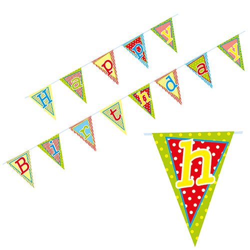 The PAPSTAR "Happy Birthday" banner (4 m, glossy paper) from the PAPSTAR GmbH consists of colorful triangular pennants with various patterns and colors, each displaying a letter that spells out "Happy Birthday."
