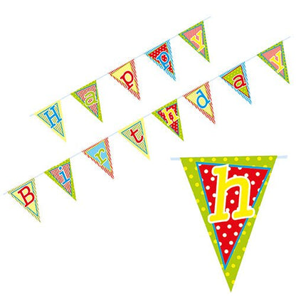 The PAPSTAR "Happy Birthday" banner (4 m, glossy paper) from the PAPSTAR GmbH consists of colorful triangular pennants with various patterns and colors, each displaying a letter that spells out "Happy Birthday."