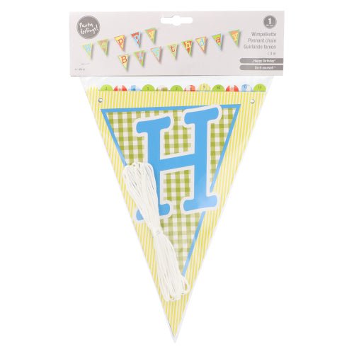 The PAPSTAR "Happy Birthday" Pennant Garland (4 m, glossy paper) by PAPSTAR GmbH is perfect for birthday decorations, featuring colorful pennants and an exemplary birthday image on the top label. Includes white string.