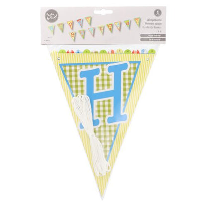 The PAPSTAR "Happy Birthday" Pennant Garland (4 m, glossy paper) by PAPSTAR GmbH is perfect for birthday decorations, featuring colorful pennants and an exemplary birthday image on the top label. Includes white string.
